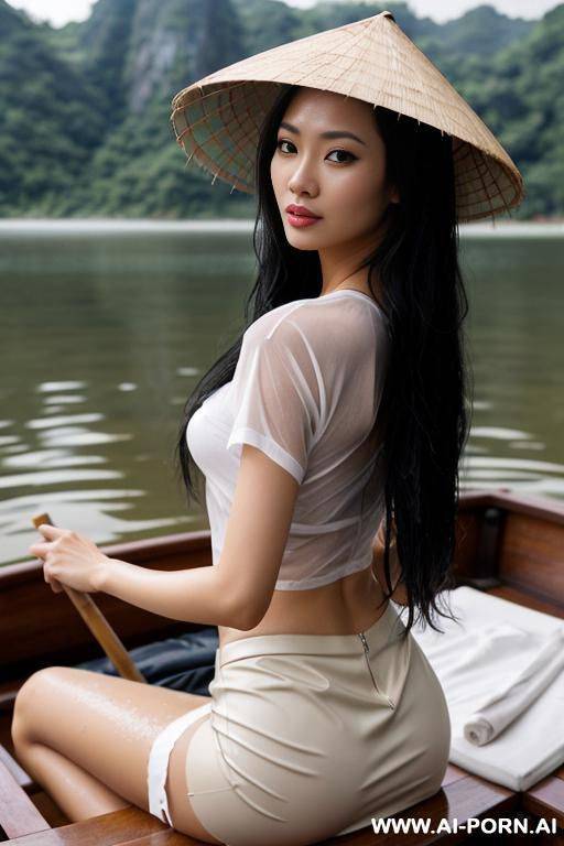 vietnamese woman, naked, sitting, looking back, showing ass, long black hair, wet messy hair, wearing bamboo hat, on a wooden boat, foggy rainy weather, at a lake, wearing sheer wet white t-shirt, wearing skirt - #main