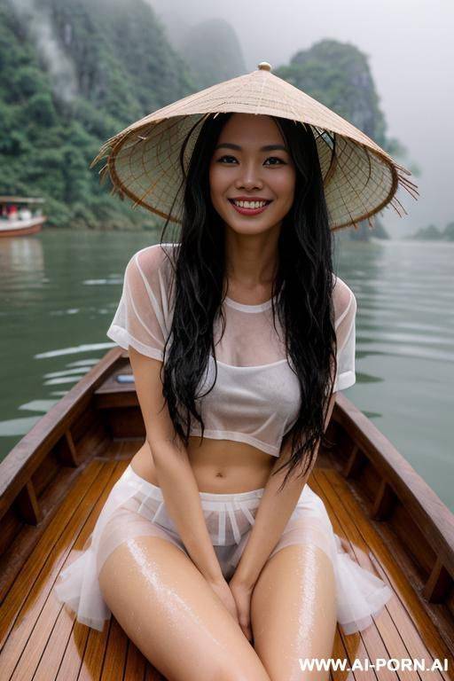 vietnamese girl, smiling, no makeup, sitting down, naked, lower front view, legs spread wide open, revealing wet pussy, long black hair, wet messy hair, wearing bamboo hat, on a wooden boat, - #main