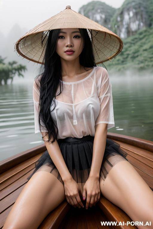 vietnamese woman, sitting down, legs spread wide open, naked, lower front view, flashing pussy, long black hair, wet messy hair, wearing bamboo hat, on a wooden boat, foggy rainy weather, at a lake, wearing sheer wet white t-shirt, wearing skirt - #main