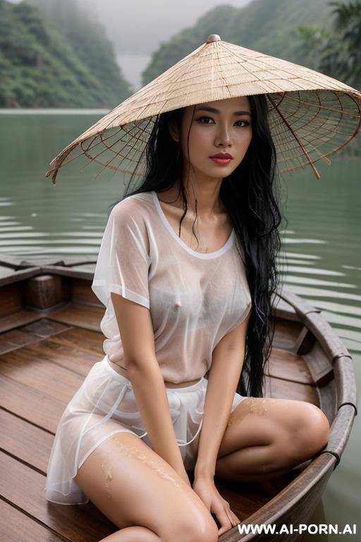 vietnamese girl, sitting down, long black hair, wet messy hair, wearing bamboo hat, on a wooden boat, foggy rainy weather, at a lake, wearing sheer wet white t-shirt, wearing skirt, naked, front view, open legs, showing hairy pussy, dripping wet pussy - #main