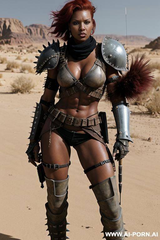 soldier on a desert battlefield. muscular body with toned abs. shorty, spiky punk hair. sweat and grime on body. armoured shoulder pads. armoured legs. holding crossbow in hand. fallout raider. mad max. black woman. - #main