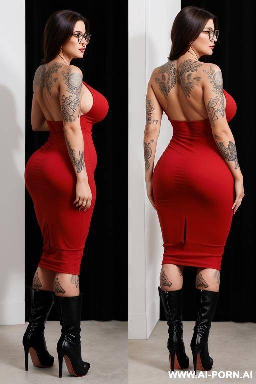 back view, curvy athletic build, (natural tits), white woman, middle aged, full body, standing, long dark brown hair, thick thighs, wearing a backless dress, (red dress), black heeled boots, bedroom, tattoos, (spine tattoo), black square glasses - #main