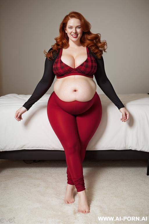 bbw obese pregnant bloated belly, flash belly, laying on bed with plaid red yoga pants , huge tits - #main