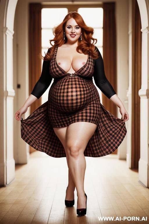 bbw obese pregnant bloated huge round belly, flash belly naked with plaid brown dress, huge tits - #main