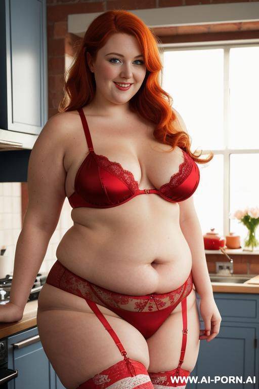 half-length photo, as a setting in the kitchen area, a fat chubby (very obese with hips) fat thick and bbw redhead british, she is cooking the dinner. she has lovehandless and a soft medium - #main