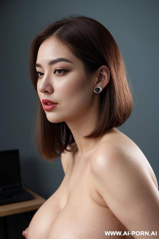(blue smoke background), real life, pallid skin, curvy, realistic nipple, (view from side), sitting on chair, side of nipple, side of waist, face turned to camera, look look straight into camera, - #main