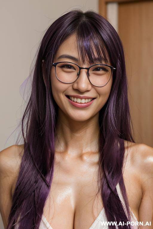 highly expressive. tanned, japanese nerd. long, loose, purple hair. glossy lips, she is naturally interactive. real-life sei-ra sodes-hiro. she looks at me. - #main