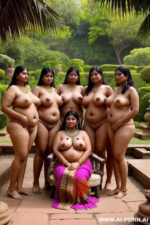 ancient indian chubby queen is surrounded by her full naked chubby female servants with shaved vaginas in a colourful ancient indian garden - #main