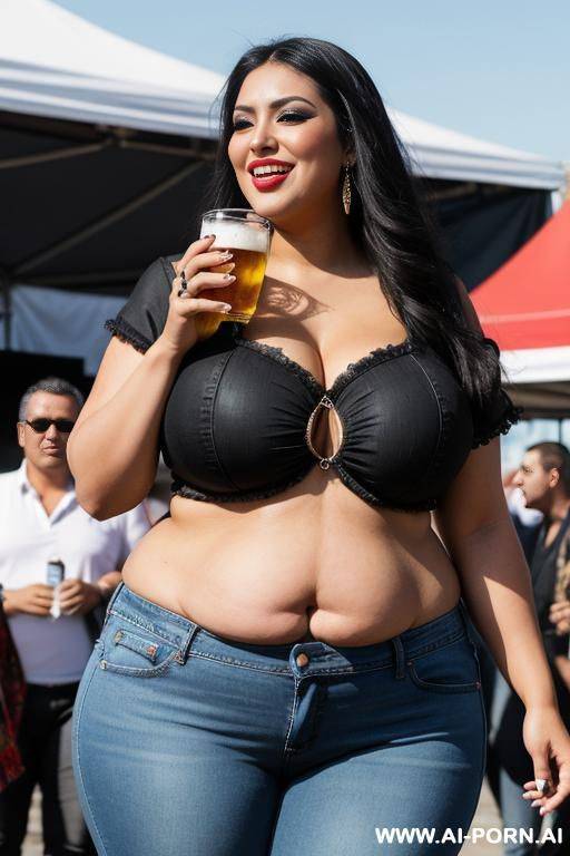 mexican, supermodel, bimbo, beautiful face, chicana makeup, super plump, high rise jeans, festival, holding beer, tight black band shirt, extra wide hips - #main