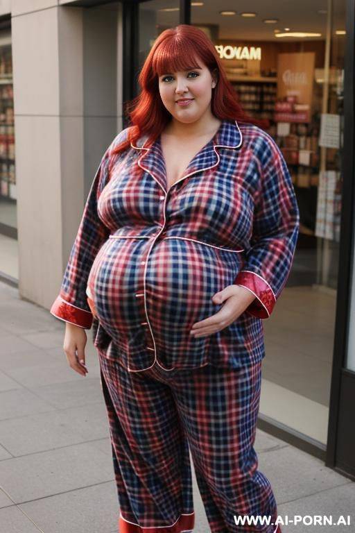 ((super fat bbw obese big bloated huge pregnant belly)), with plaid plaid pajamas, thick thighs, big belly, button show, flash belly, - #main