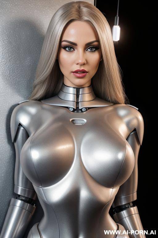 robotic super woman, front view, full body view, leaning back against wall, looking at viewer, angry face, beautiful, long straight blonde hair, big lips, heavy makeup, (silver fully robotic body, - #main