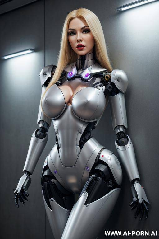 robotic superheroine, front view, full body view, leaning back against wall, looking at viewer, angry face, open mouth, shouting, beautiful, long straight blonde hair, big lips, wide jaw, heavy - #main