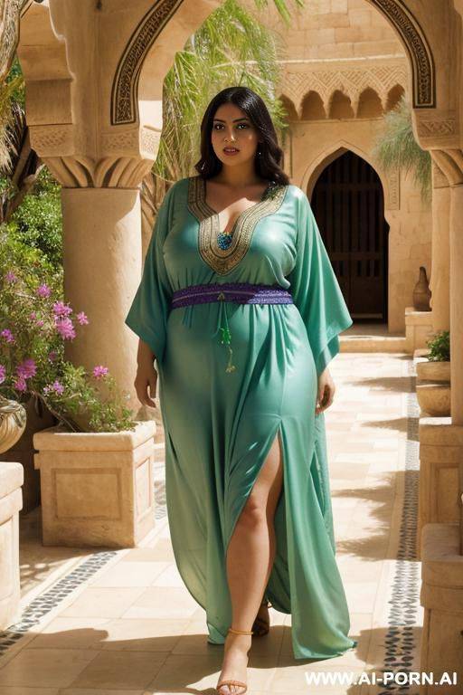 a chubby ancient arabian princess in a green kaftan and a devote chubby full naked female servant with shaved vagina are walking through a colourful arabian garden - #main