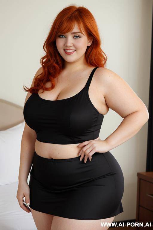 redhead bbw, chubby and very fat, thick, breasts, dimples, voluptuous shaped, wide hips, thick thighs, chubby, hair, s, slicked back hair, large forehead, black tank top, bra, areola, ruffle microskirt, fully clothed, city - #main