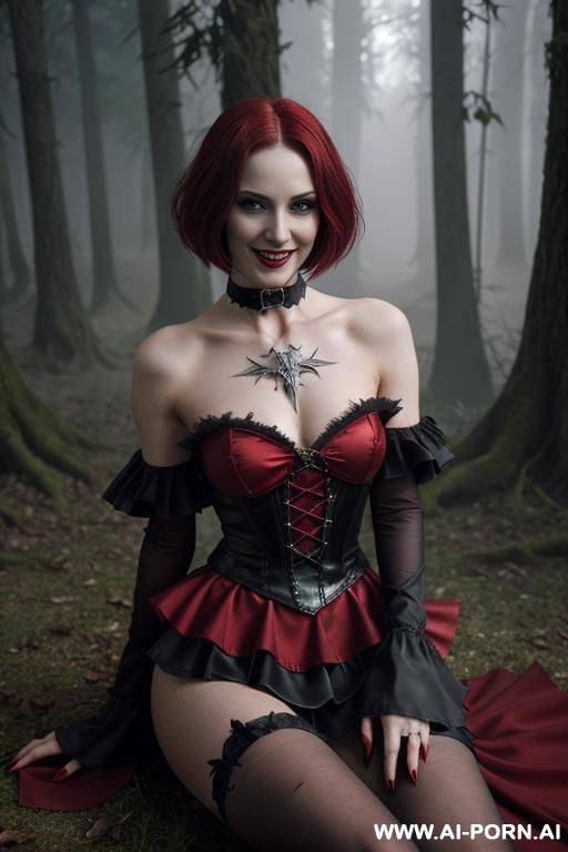 lady vampire, sharpening her twin wrists-blades swords, vampire big teeth, seducing wide smile, silver blades, deep forests old ruins, glow art, magic eyes, naked shoulders, ashen skin - #main