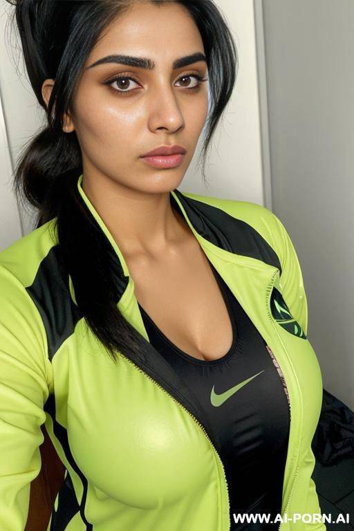 pakistani, huge perfectly shaped oval tits, sports outfit and sports jacket, drowsy facial expression - #main