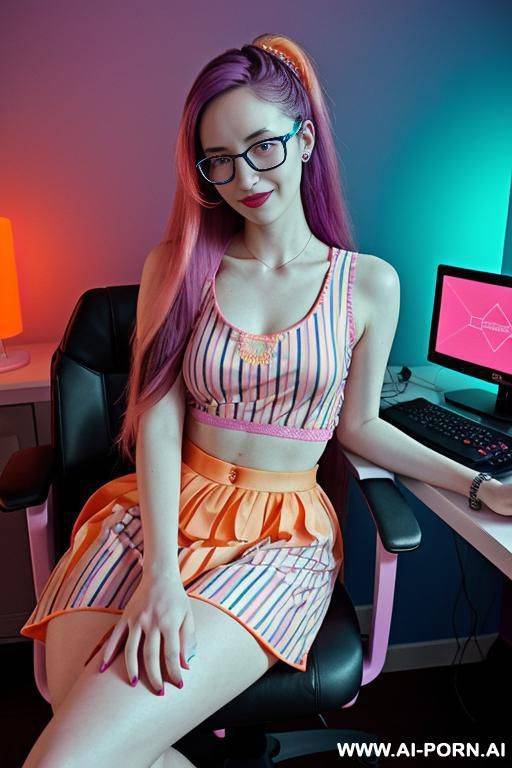 bee lady, dimples, computer whizz, neon, cyberpunk, (glow art, uv reactive, black light), ashen natural skin without makeup, high contrast shades, hard light, sleeveless patterned meshed top, detailed - #main