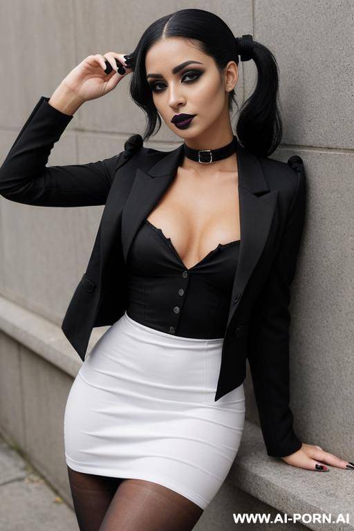 goth, black painted nails, black lipstick, makeup, black mascara, tanned skin, black dress, white collar, black tights, black suit jacket, simple black shoes - #main