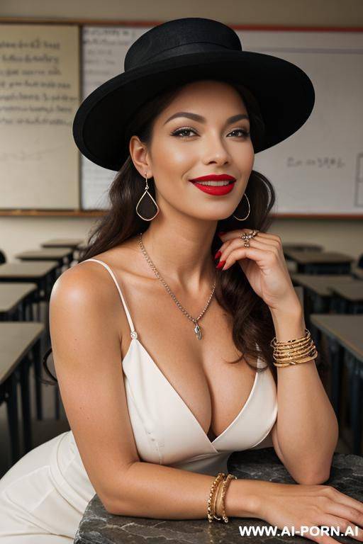 sexy , seated on stone table, in classroom, classic french hat, seductive smile, dark salmon lips, necklace, hoops earrings, arm rings - #main