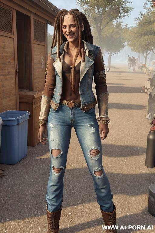 a woman with dreadlocks is wearing worn and bleached out, ripped and light blue pants and an old jeans jacket. she has long, messy brown hair. there ist lot of trash around. - #main