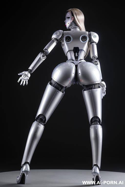 sexbot, back view, full body view, standing upright, sticking out the ass, hands on spaceship control desk, looking at viewer, beautiful seductive human face with tanned silicone skin, long - #main
