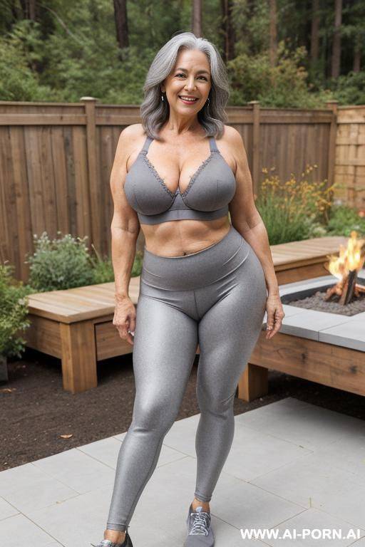0-year-old grandmother, full body, standing, age marks clearly visible, gray hair, smiling, triangular hips, thick thighs, wearing gray leggings and bra, roasting meat in the backyard - #main