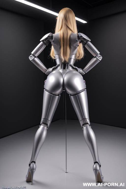 sexbot, back view, full body view, standing upright, sticking out the ass, hands on spaceship control desk, looking at viewer, beautiful seductive human face with tanned silicone skin, long - #main