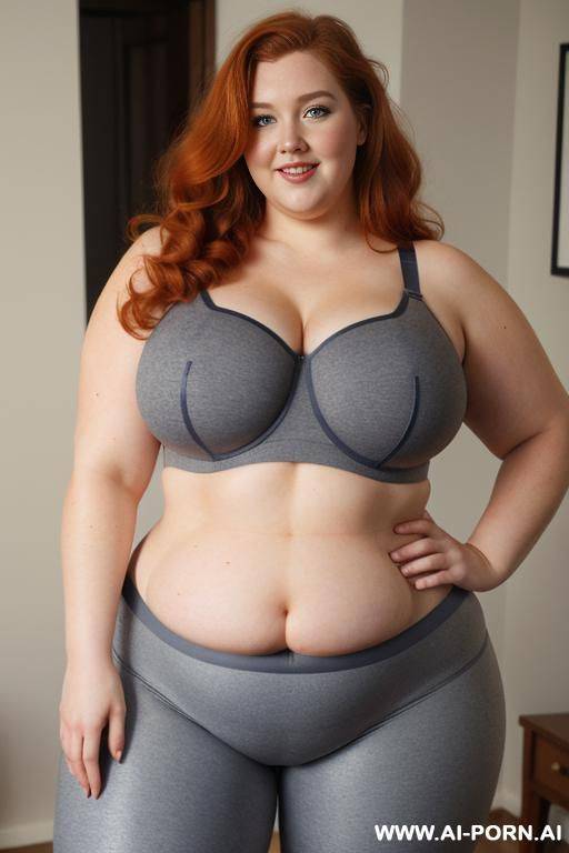 chubby woman, half body, standing, triangular hips, thick thighs, hands on hips, wearing gray leggings and bra - #main