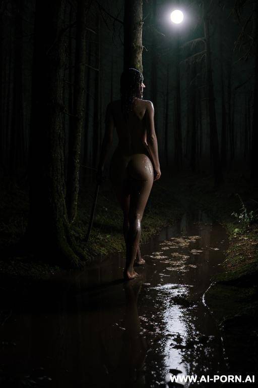 fully nude woman, walking in the woods, head lamp, night, wet, muddy, fog, moonlight - #main