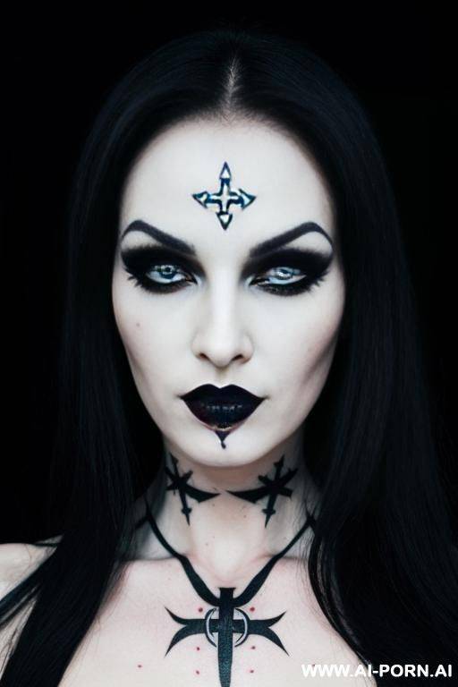 goth, satanic, evil, heavy makeup, inverted crosses under eyes, inverted pentagram tattoo - #main