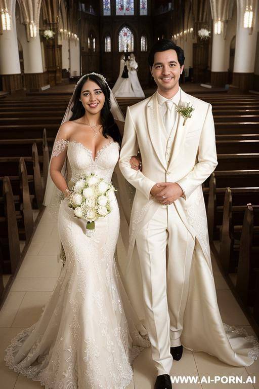 ((((ultra realistic portrait)))) (((couple photo))) (((a bride named reg4ina with one hand on her waist and the other on the shoulder of her groom named do4uglas.))) (((she has extremely black - #main