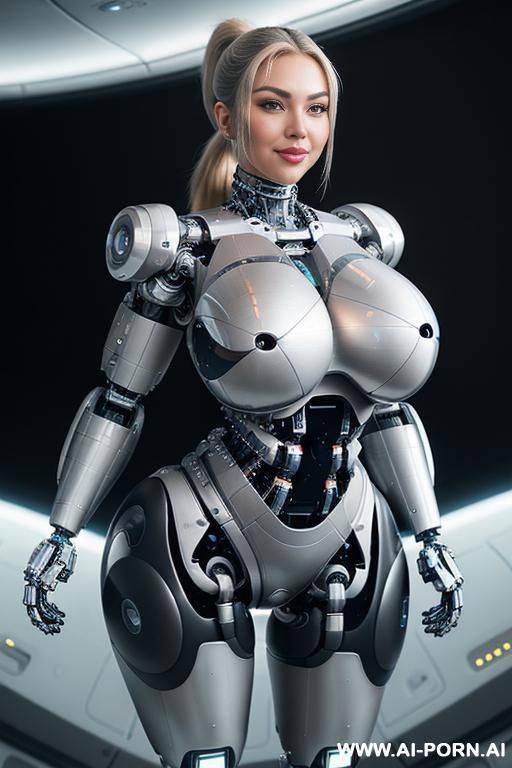 (((realistic look, super realistic))) ((spaceship)) ((front view)) (((beautiful cyborg woman))) (((sexy cyborg woman))) ((blonde)) ((long ponytail hairstyle)) (((perfectly beautiful face, sexy plump lips))) - #main