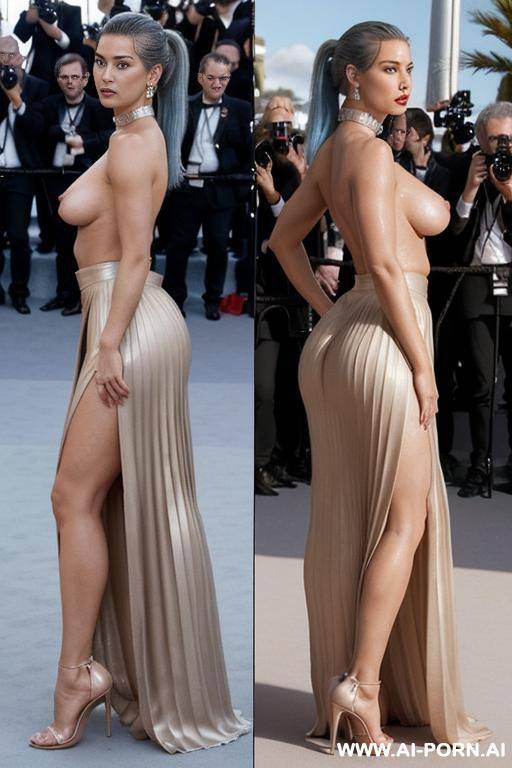 ((hyperrealistic)), ((nude woman wearing only long skirt)), ((naked saggy very oversized long boobs)), ((topless oiled)) ((low angle picture)) ((camera under legs looking up on her)) - #main