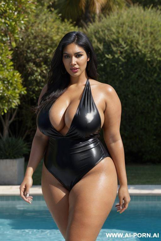 perfect body, (firm round tits), (simple 1piece swimsuit), (detailed face), (walking in a suburban backyard) (realistic swimsuit), dark fluffy hair, (slender thighs), penis entering her mouth. (horny), - #main