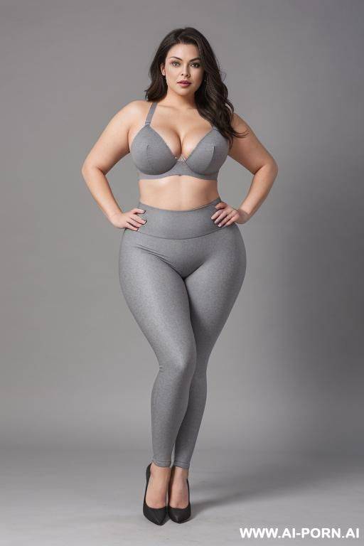 chubby woman, full body, standing, triangular hips, thick thighs, hands on hips, wearing gray leggings and bra - #main
