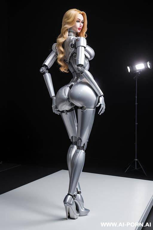 sexbot, back view, full body view, standing upright, sticking out the ass, hands on spaceship control desk, looking at viewer, beautiful seductive human face with tanned silicone skin, long - #main