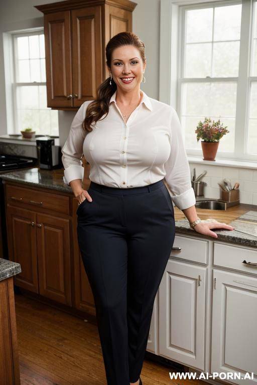 a gorgeous milf (clothed), (stylish outfit), perfect body, image frame from head to knee, (flirtatious look on her face) (detailed face), firm round tits, (typical outfit), (viewed from head to thighs), (realistic shirt) (realistic pants) - #main