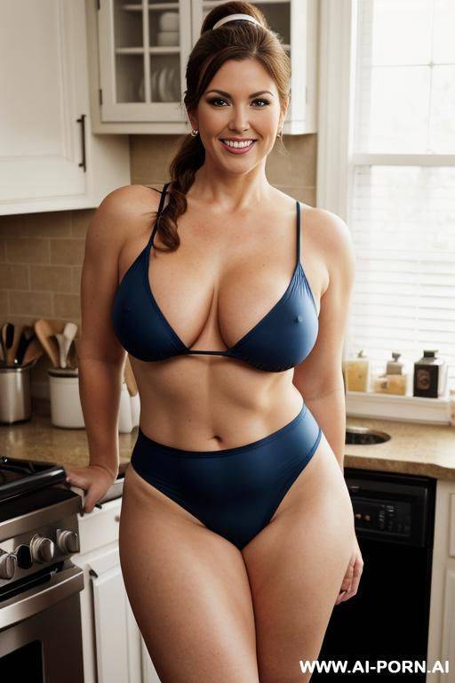 a gorgeous milf (clothed), (stylish outfit), perfect body, narrow waist, image frame from head to knee, (flirtatious look on her face) (detailed face), firm round tits, (typical outfit), (viewed from head to thighs), (realistic underwear) - #main