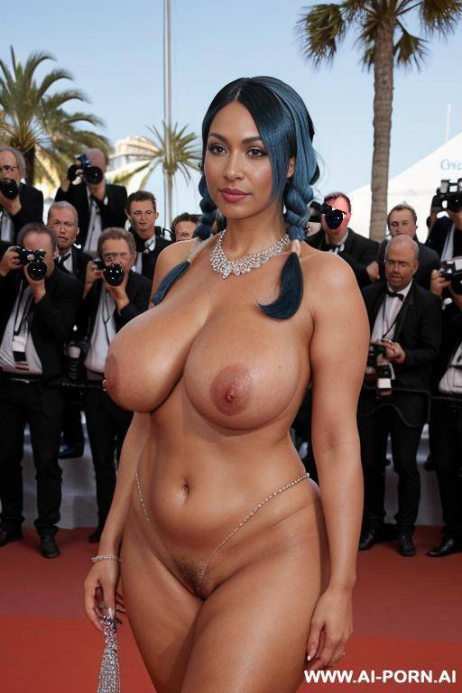 a gorgeous milf (totally naked), walking on the red carpet showing her perfect nude oiled body, narrow waist, image frame from head to knee, (flirtatious look on her face) (detailed face), - #main