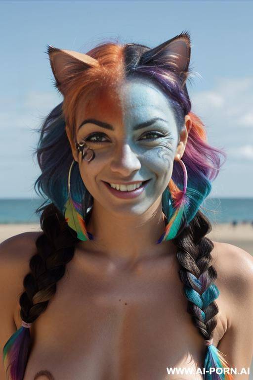 face, ((sexy)), big beautiful smile, ((face painting)), ((eyes shw)), ((rainbow hair)), ((wind)), (( cat face)), (( cat ears)), ((feather earrings)), neckless, full view, standing, sensual, ((topless)) - #main