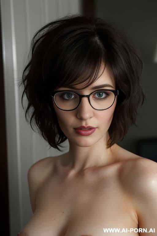 , nerdy, big round glasses, nerdy, round face, short, medium length hair, extremely messy hair, fluffy hair, embarrassed, blushing, panic on her face , , dark room, messy, caught masterbating - #main