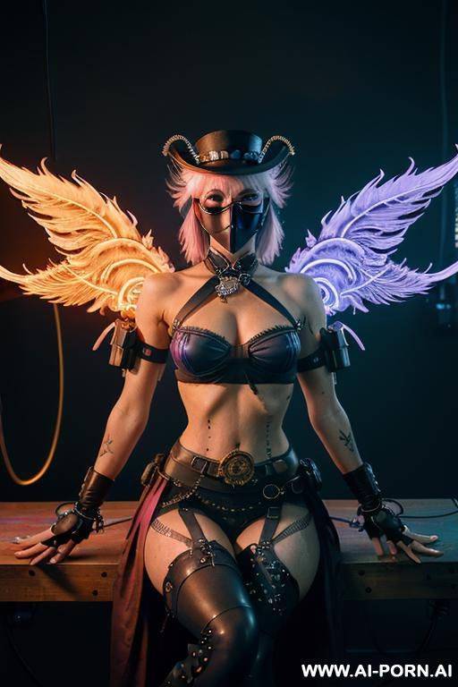 ((((masterpiece)))), (((woman sitting))), (glowing red eyes), (long blue purple and white hair with a flower), ((crop top white collar shirt with red tie)), ((((flaming angel wing)))), ((navy formal - #main