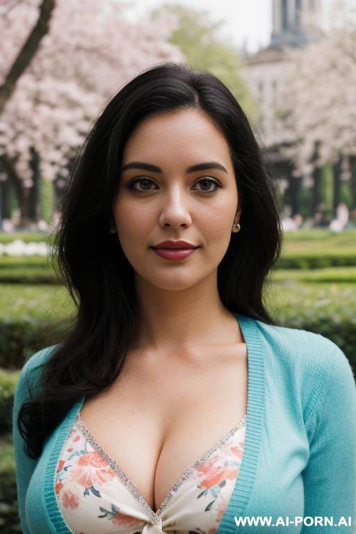 cutie babe face, turquoise cardigan and floral top, retro vintage style, 170s, 180s. 1. busty. - #main
