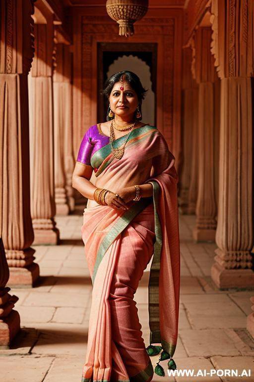 ancient indian older chubby female well situated trader in saree in a colourful indian palace - #main