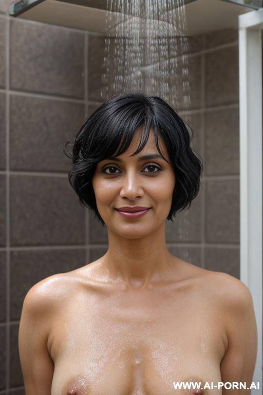 (pretty face), (detailed face), (soft slutty smile), (perfect nipples), (natural lighting), ), (large areolas), at a large fancy outdoor shower - #main