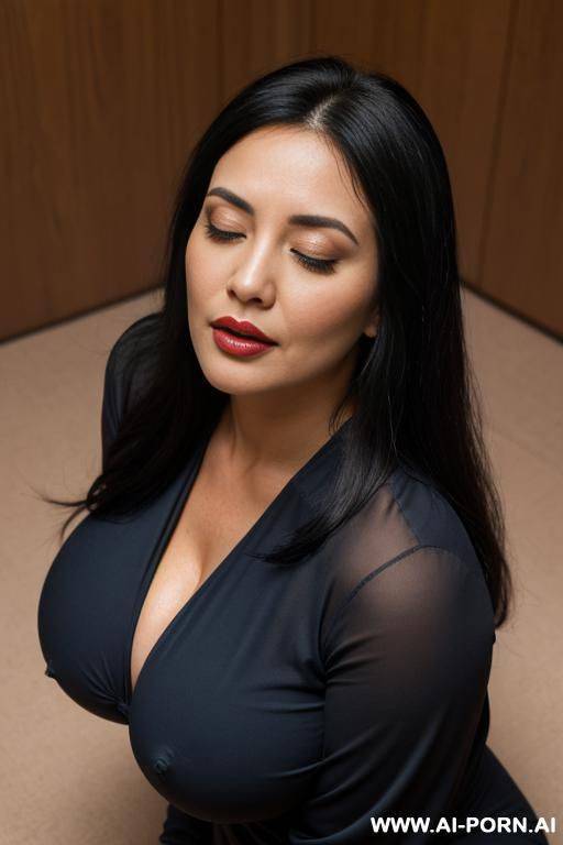 deep cleavage, huge boobs, kneeling down, (looking up, raised head, chin up), eyes half closed, open mouth, happy, close up from above, big plump puckered lips, meditating - #main