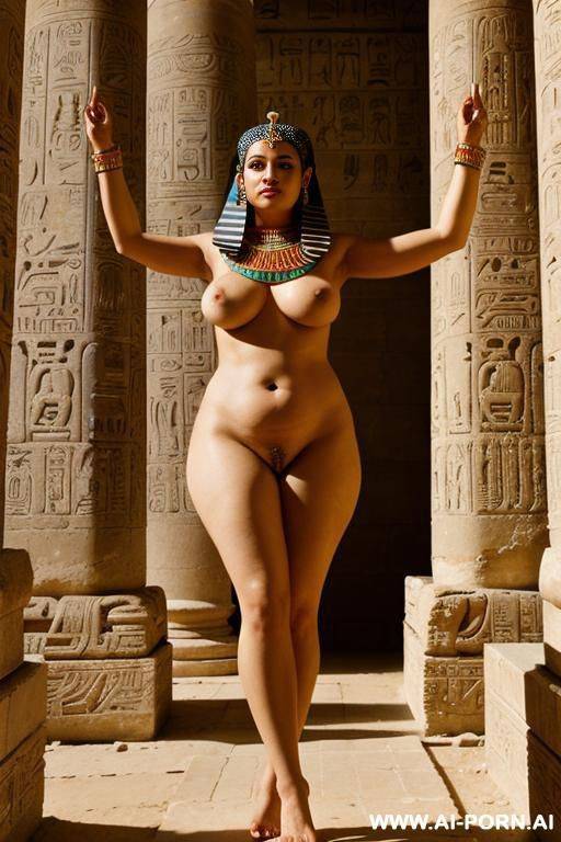 ancient egyptian chubby full naked female temple dancer with shaved vagina in a colourful ancient egyptian temple - #main