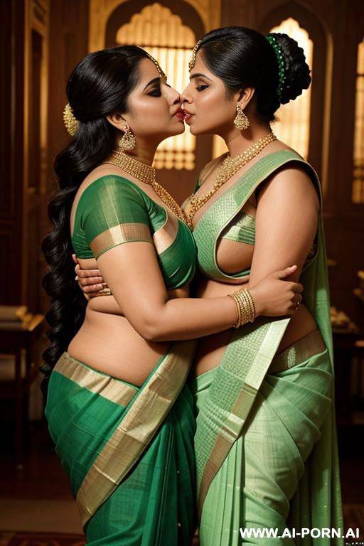 one ancient indian chubby queen in a elegante green saree is kissing her favourite chubby full naked female servant with shaved vagina - #main