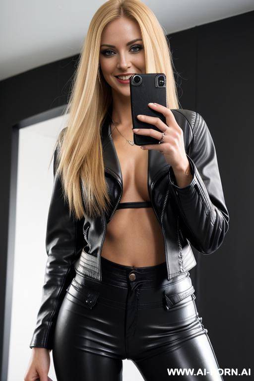 ((long hair)), (makeup) , ((tight black leather jacket)) (((tight black leather pants))) ((((selfie)))) - #main
