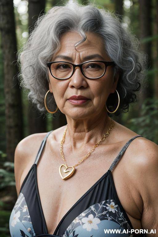 75-year-old grandmother (with visible signs of age), with an asian appearance, wearing glasses, hoop earrings, a gold chain with a heart-shaped pendant around her neck, sagging breasts, dark eyes, - #main